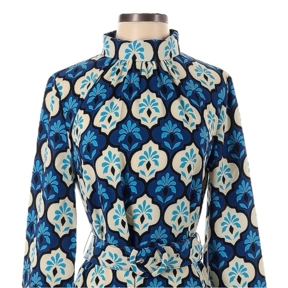 Zara Retro Belted Mini Dress XS NWT Blue 60s 70s Mod Print Long Sleeve High Neck - Picture 3 of 12